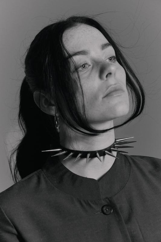     Handmade black vegan PVC spike choker with stainless steel hardware by Klets